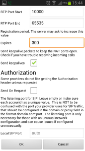 Obraz przedstawiający ekran zaawansowanych ustawień konta w aplikacji Acrobits Softphone. Parametr Expires ma ustawioną wartość 300.
