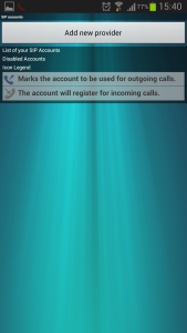 Obraz przedstawiający ekran SIP accounts w aplikacji Acrobits Softphone. Na górze ekranu jest przycisk Add new provider.