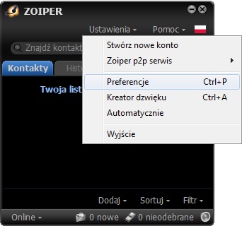 Obraz przedstawiający opcję Preferencję w rozwijanym menu Ustawienia na górze ekranu głównego w programie Zoiper.