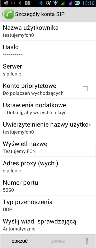 Android Szczegóły konta SIP