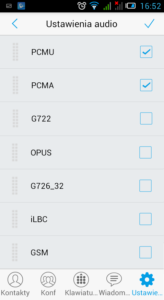 Obraz przedstawiający ekran ustawień audio w aplikacji. Zaznaczone są domyślne opcje PCMU i PCMA.