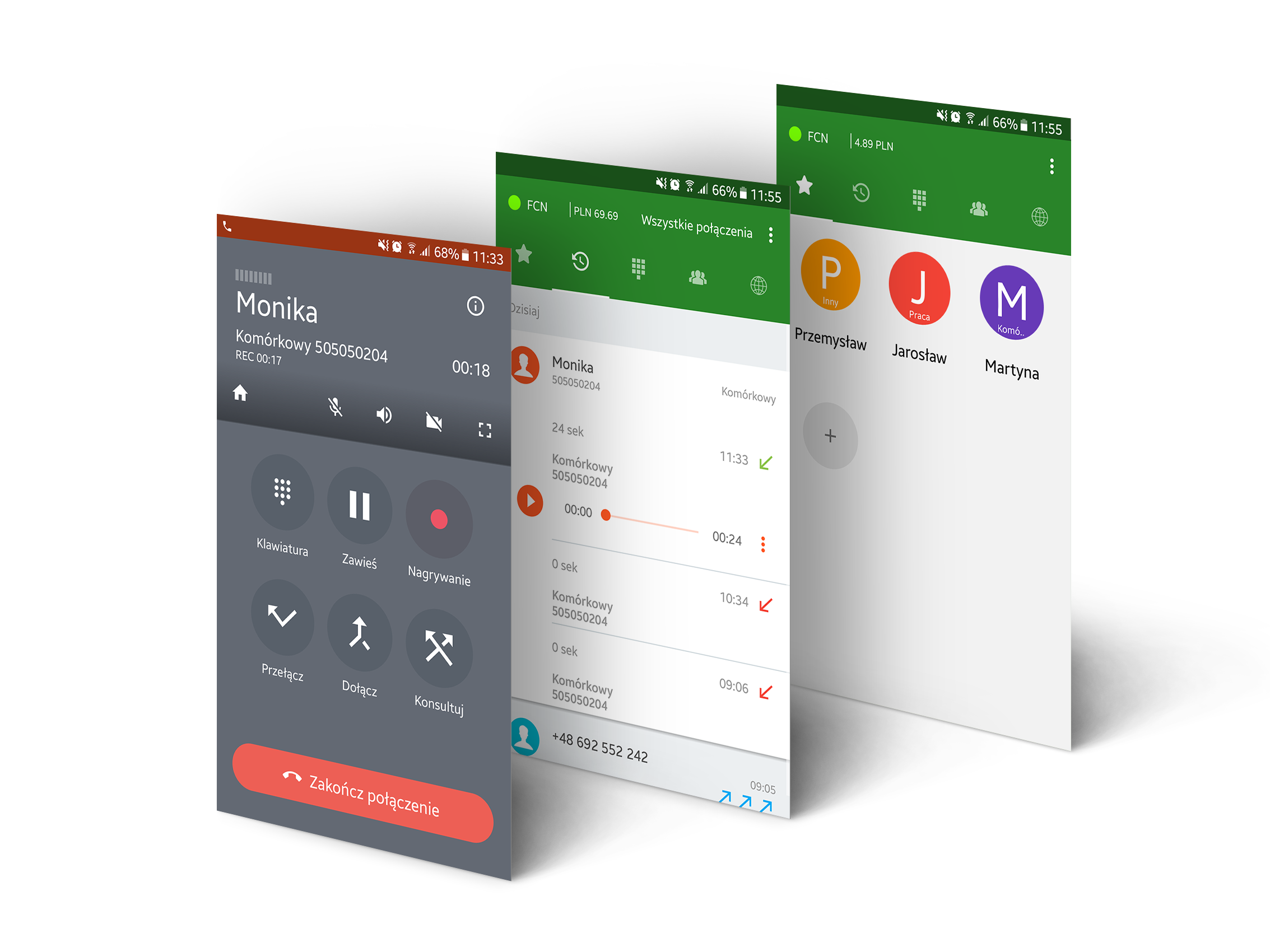Ekrany aplikacji Telefon FCN: ekran rozmowy z opcjami sekretariatu, historii z odtwarzaniem rozmów i ulubionych kontaktów