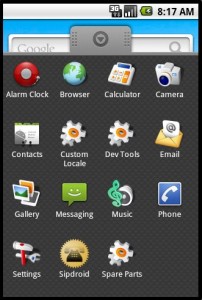 Obraz przedstawiający ekran menu telefonu z ikoną aplikacji SIP Droid.