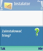 Obraz przedstawiający ekran telefonu z pytaniem o zgodę na instalację aplikacji Fring.