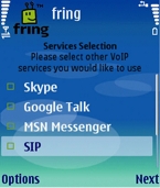 Obraz przedstawiający ekran wyboru usług w aplikacji Fring. Z listy należy wybrać opcję SIP.