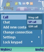 Obraz przedstawiający wybór opcji SIP call z listy w menu Call w aplikacji Fring.