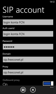 Obraz przedstawiający ekran SIP account z przykładowymi danymi w aplikacji Linphone.