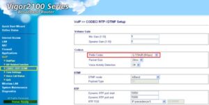 Obraz przedstawiający panel konfiguracji routera, zakładka VoIP i następnie CODEC / RTP / DTMF. Pole Prefer Codec jest ustawione na G.729 A/B (8 Kbps).