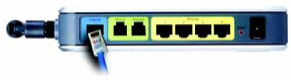 Obraz przedstawiający bramkę Cisco WRP400-G2. Z lewej strony jest port Internet na kabel sieciowy.