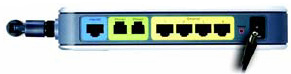Obraz przedstawiający bramkę Cisco WRP400-G2. Port na kabel zasilający jest pierwszy z prawej strony.