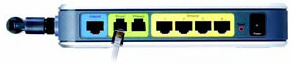 Obraz przedstawiający bramkę Cisco WRP400-G2. Port Phone jest drugi od lewej strony.
