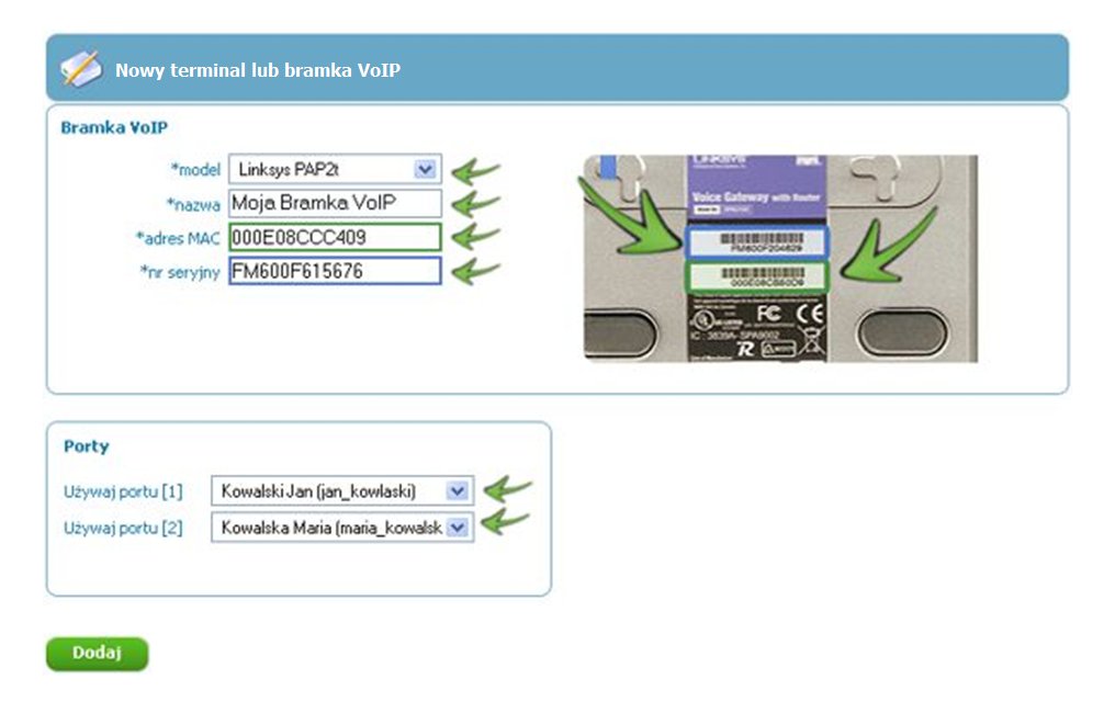 Obraz przedstawiający stronę dodania nowego terminala lub bramki VoIP w panelu FCN z formularzem wypełnionym przykładowymi danymi.
