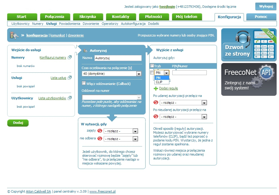 Obraz przedstawiający stronę konfiguracji usługi Autoryzuj w panelu FCN.