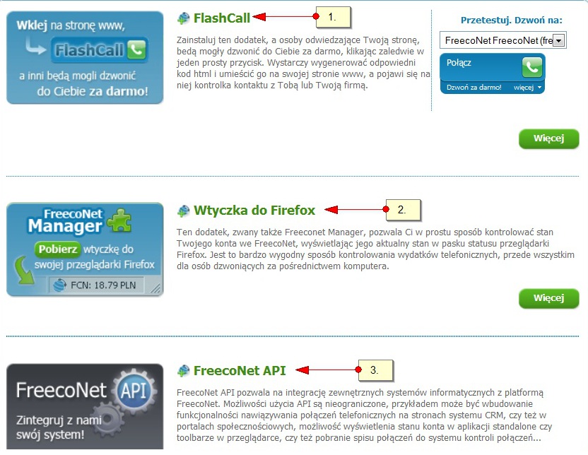 Obraz przedstawiający wybór dodatków FCN wraz z opisami: FlashCall, wtyczka do Firefox, FreecoNet API.