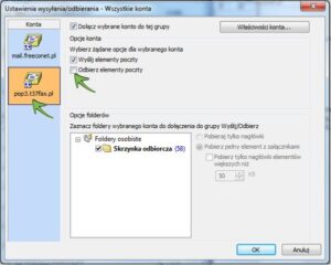 Obraz przedstawiający ekran Ustawienia wysyłania/odbierania, zakładka pop3.t37fax.pl w programie Outlook. Wyłączona jest opcja Odbierz elementy poczty.