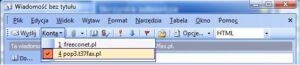 Obraz przedstawiający ekran tworzenia nowej wiadomości e-mail. Na górze obok przycisku Wyślij znajduje się lista rozwijana Konta, na której należy zaznaczyć konto pop3.t37fax.pl.
