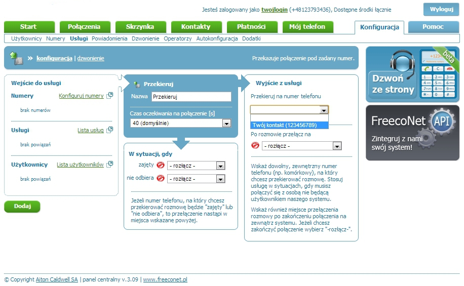Obraz przedstawiający stronę konfiguracji usługi Przekieruj w panelu FCN.