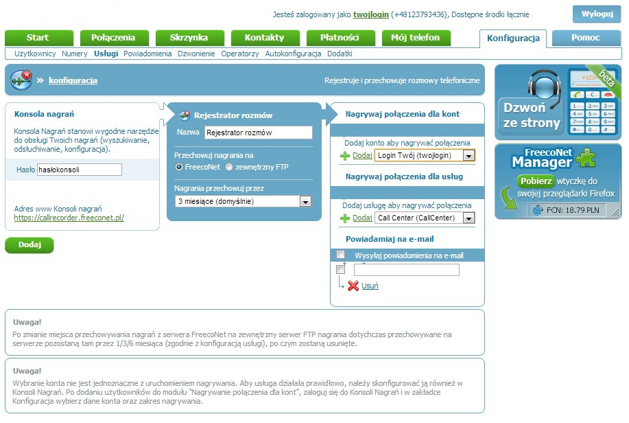 Obraz przedstawiający stronę konfiguracji usługi Rejestrator rozmów w panelu FCN.