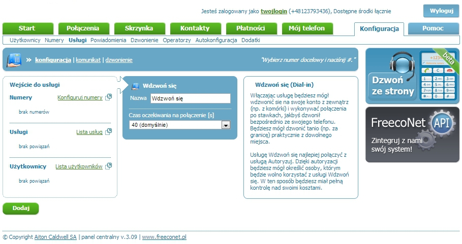 Obraz przedstawiający stronę konfiguracji usługi Wdzwoń się w panelu FCN.