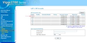 Obraz przedstawiający panel konfiguracji routera, zakładka VoIP i następnie SIP Account.