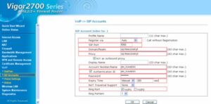 Obraz przedstawiający panel konfiguracji routera, zakładka VoIP, następnie SIP Account. Po wybraniu z listy pierwszego konta VoIP wyświetla się lista parametrów.