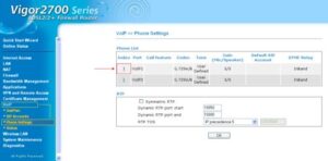 Obraz przedstawiający panel konfiguracji routera, zakładka VoIP i następnie Phone Settings. Należy wybrać VoIP1 lub VoIP2 w zależności od portu, do którego został podłączony telefon.