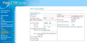 Obraz przedstawiający panel konfiguracji routera, zakładka VoIP i następnie Phone Settings. Po wybraniu VoIP1 lub VoIP2 należy wypełnić pola odpowiednimi danymi.
