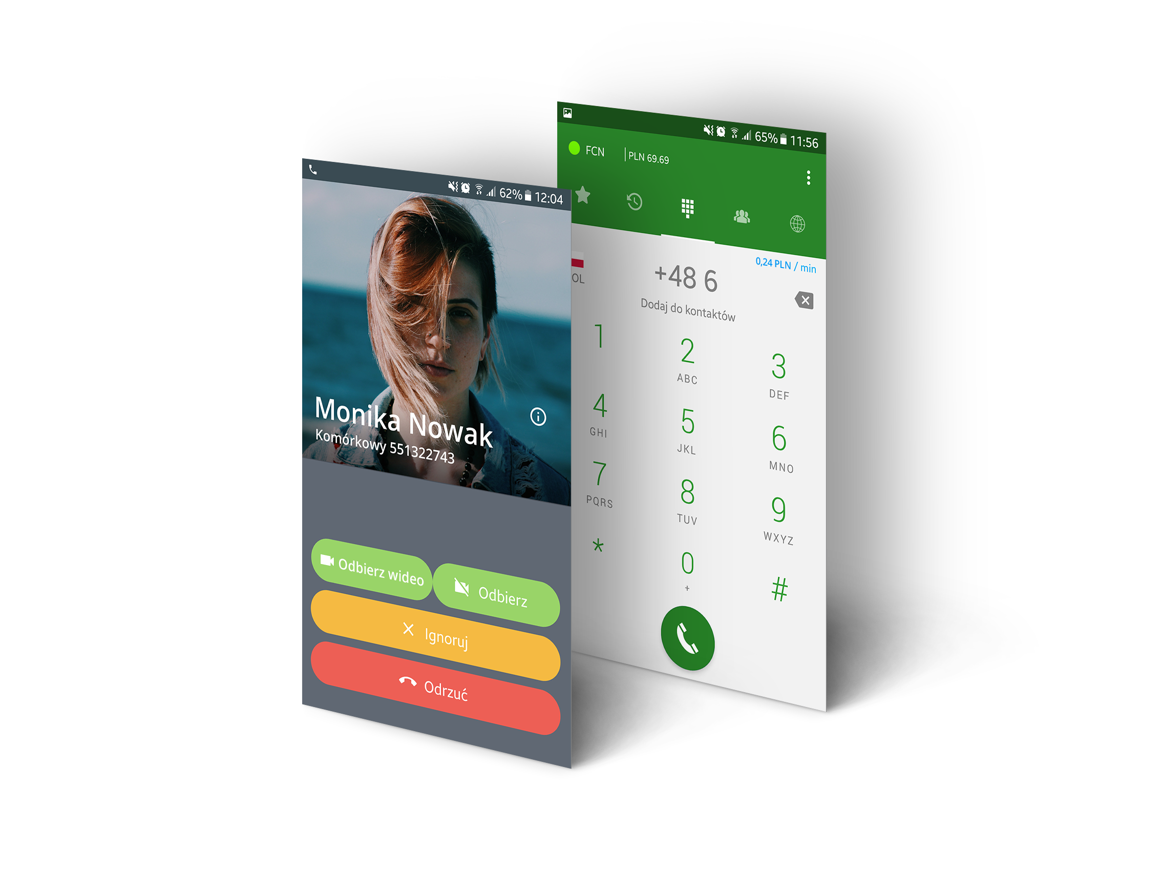 Ekrany aplikacji Telefon FCN - ekran odbioru połączenia i klawiatury z saldem i ceną minuty rozmowy