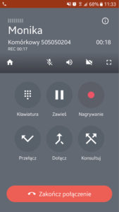 Ekran aplikacji Telefon FCN: po odebraniu rozmowy