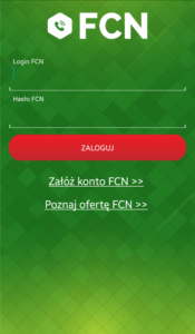 Ekran aplikacji Telefon FCN: ekran logowania i rejestracji
