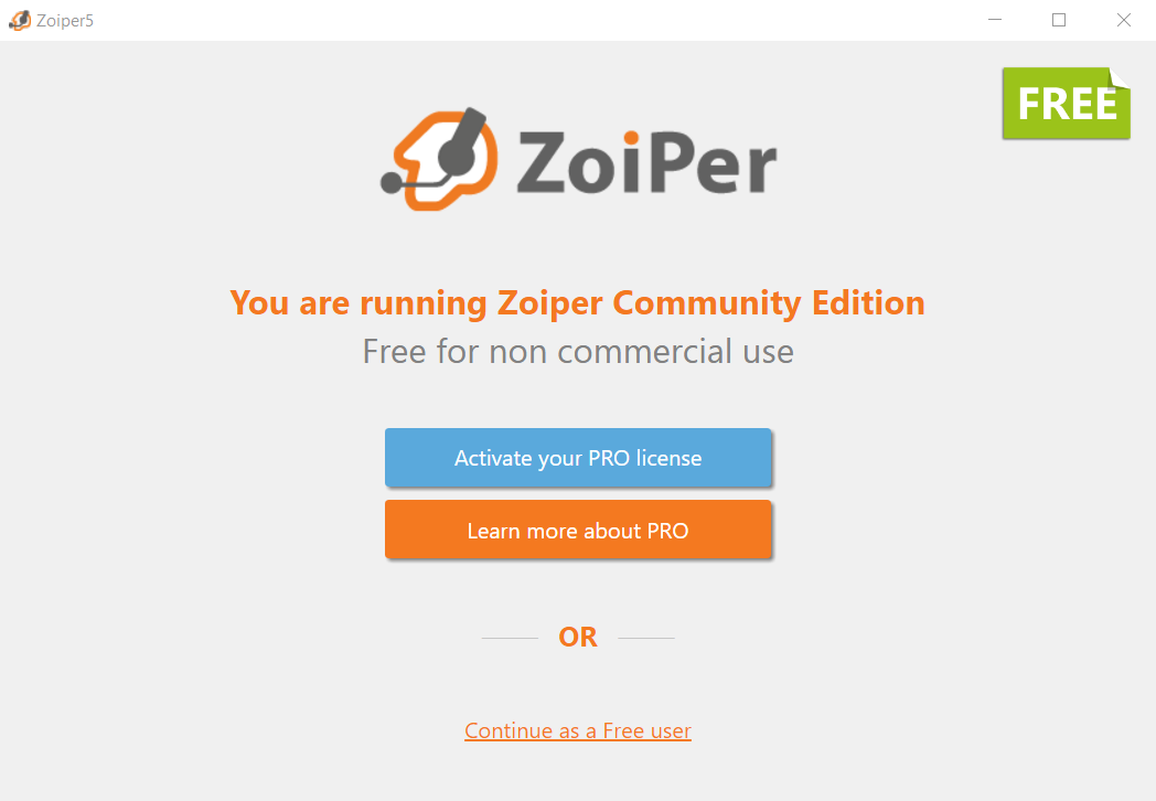 Ekran powitalny ZoIPer: wybór wersji premium lub darmowej